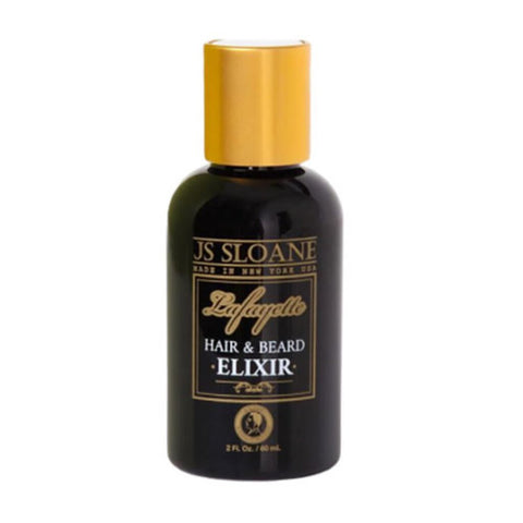 JS Sloane Hair & Beard Elixir, vue de face petite bouteille noire avec bouchon doré