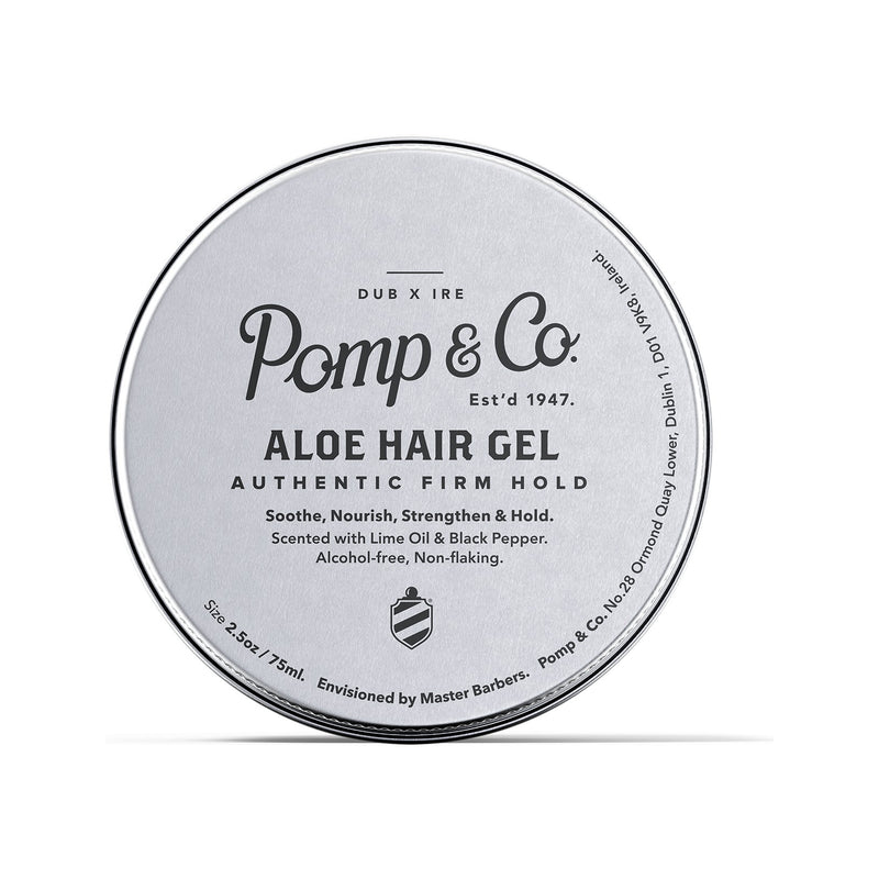 Pomp & Co. Aloe Hair Gel, boîte argentée vue de dessus couvercle avec impression