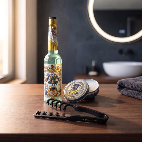 Coffret cadeau Barber, le set complet sur un plan en bois