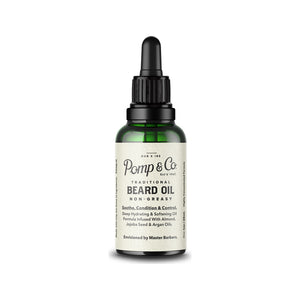 Pomp & Co. Beard Oil, vue de face flacon en verre vert avec pipette et étiquette