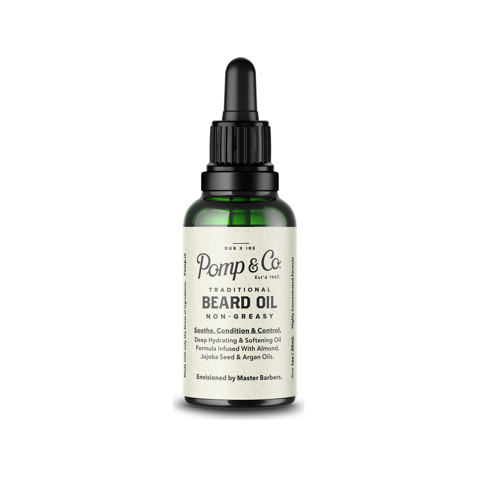 Pomp & Co. Beard Oil, vue de face flacon en verre vert avec pipette et étiquette