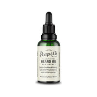 Pomp & Co. Beard Oil, vue de face flacon en verre vert avec pipette et étiquette