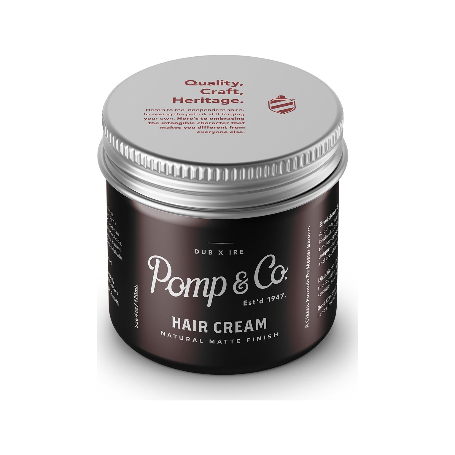 Pomp & Co. Hair Cream, pot marron avec couvercle sur le dessus et texte Quality Craft Heritage