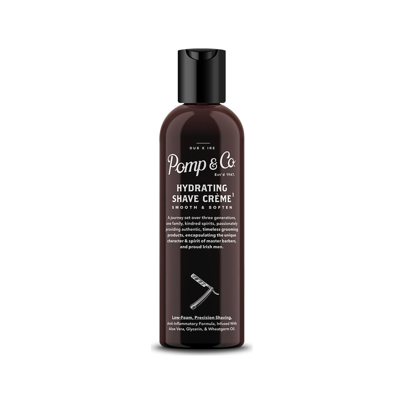 Pomp & Co. Shave Creme, vue de face du flacon noir avec bouchon à clapet