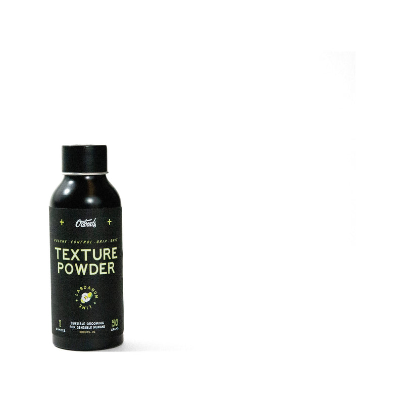 O'Douds Texture Powder, vue de face du flacon noir avec étiquette