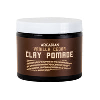 Arcadian Vanilla Cedar Clay Pomade, pot avec étiquette Vanilla Cedar et liste d'ingrédients