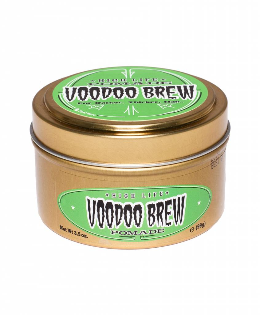 High Life Voodoo Brew Pomade - gouden blik met groen etiket, vooraanzicht